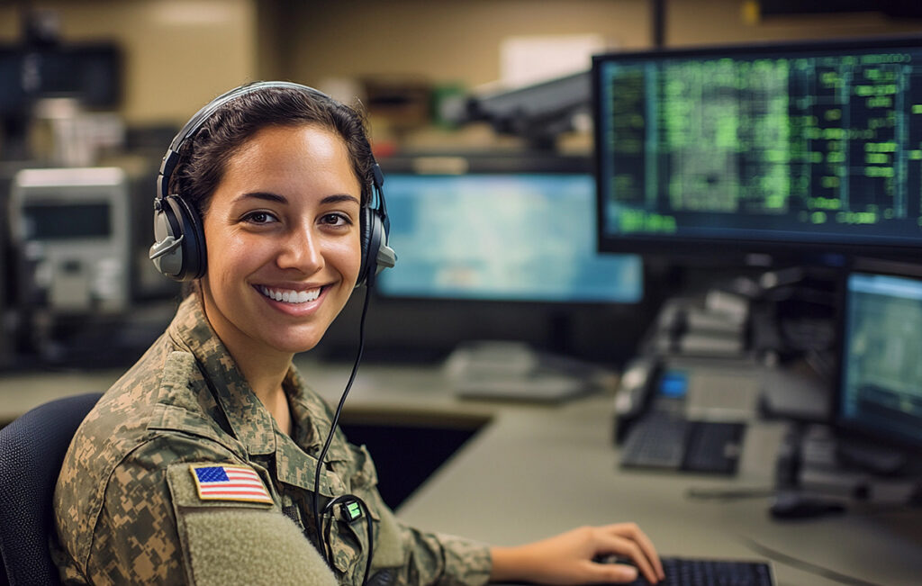 Military personnel working at computer station in office