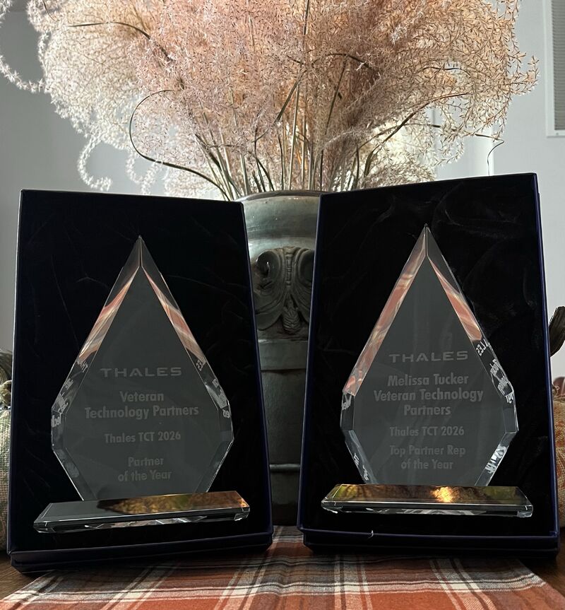 Thales TCT 2026 trophies honoring Veteran Technology Partners as Partner of the Year and Melissa Tucker as Top Partner Rep of the Year